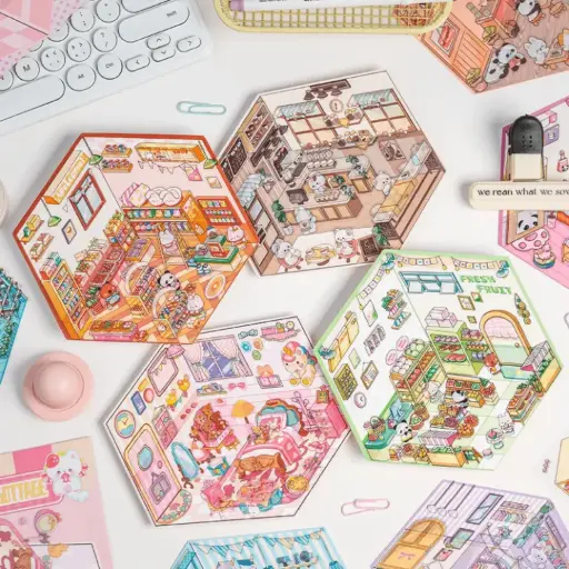 Stickers Décoratifs 3D – Scènes Kawaii Hexagonales